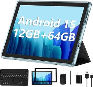 ECOPAD Android 15 Tablet, 10 Inch Tablets with Keyboard Mouse 12GB RAM + 64GB ROM +1TB Expand, 2 in 1 Tableta with WiFi 6 / Bluetooth/GMS Certified/IPS Touch Screen, Blue Set